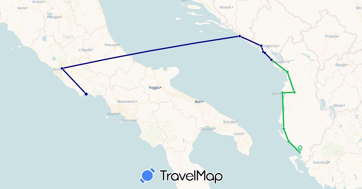 TravelMap itinerary: driving, bus in Albania, Croatia, Italy, Montenegro (Europe)